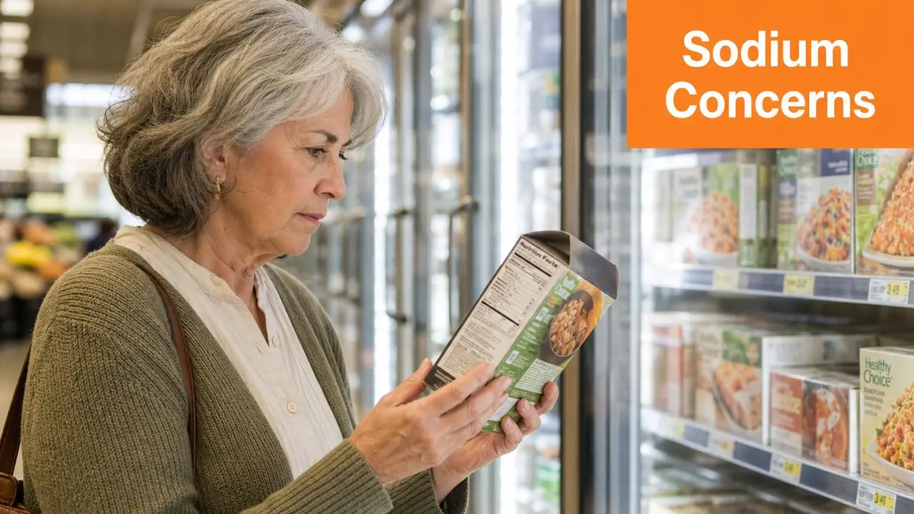 A senior woman reads the nutrition label on a frozen meal box inside a grocery store aisle.