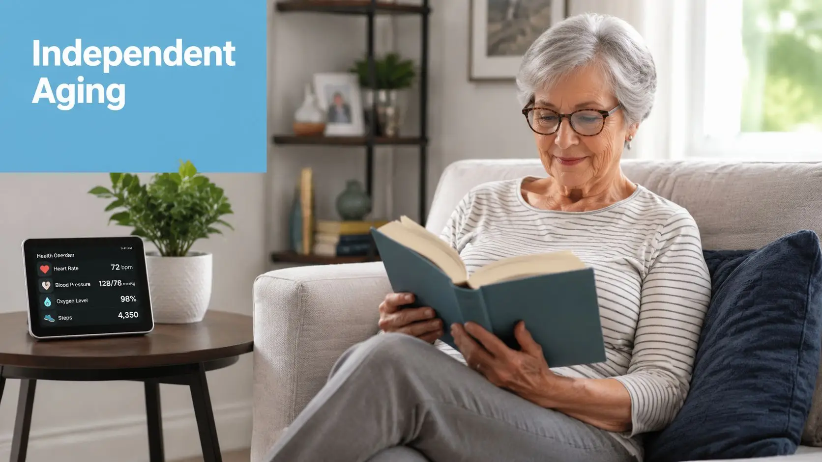 An elderly woman reading a book at home with a health monitoring device on a table nearby.