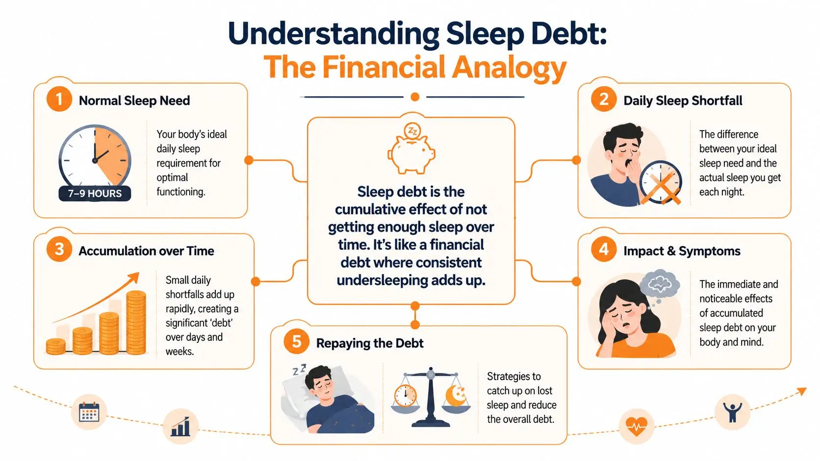 An infographic explaining sleep debt using a financial analogy with five key steps from need to recovery.