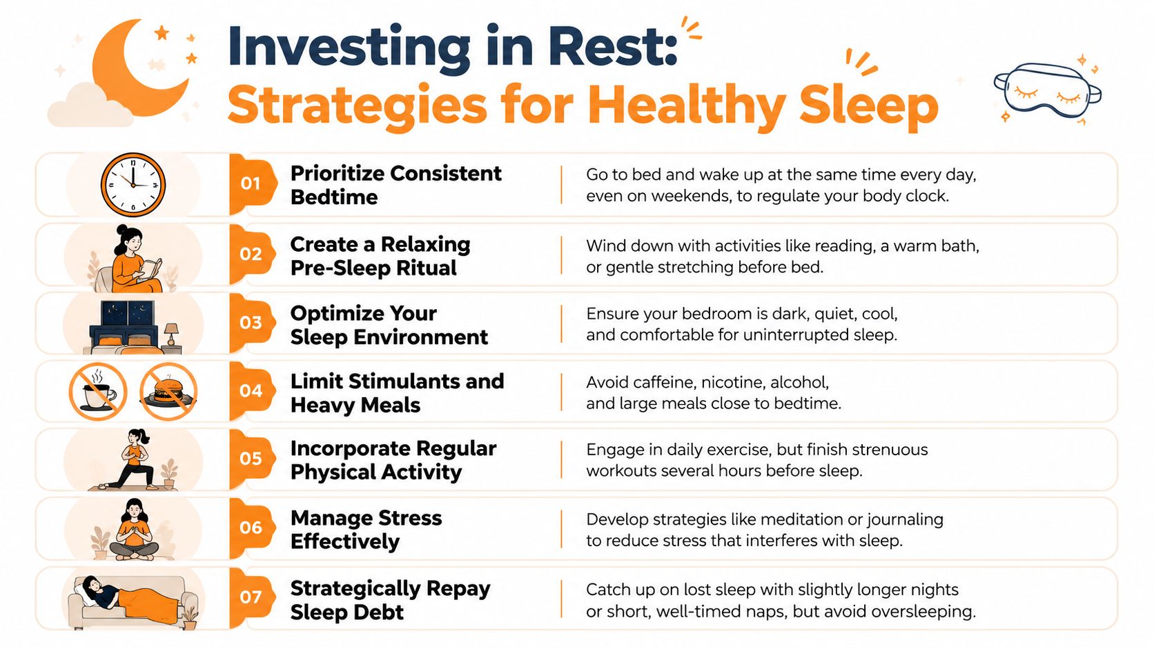 An infographic titled Investing in Rest outlining seven evidence-based strategies for improving healthy sleep habits.