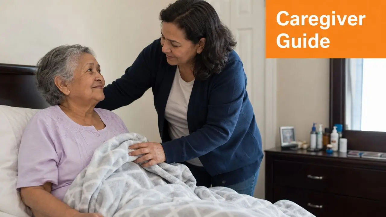 A caring woman adjusting a cozy blanket for an elderly woman resting comfortably in bed.