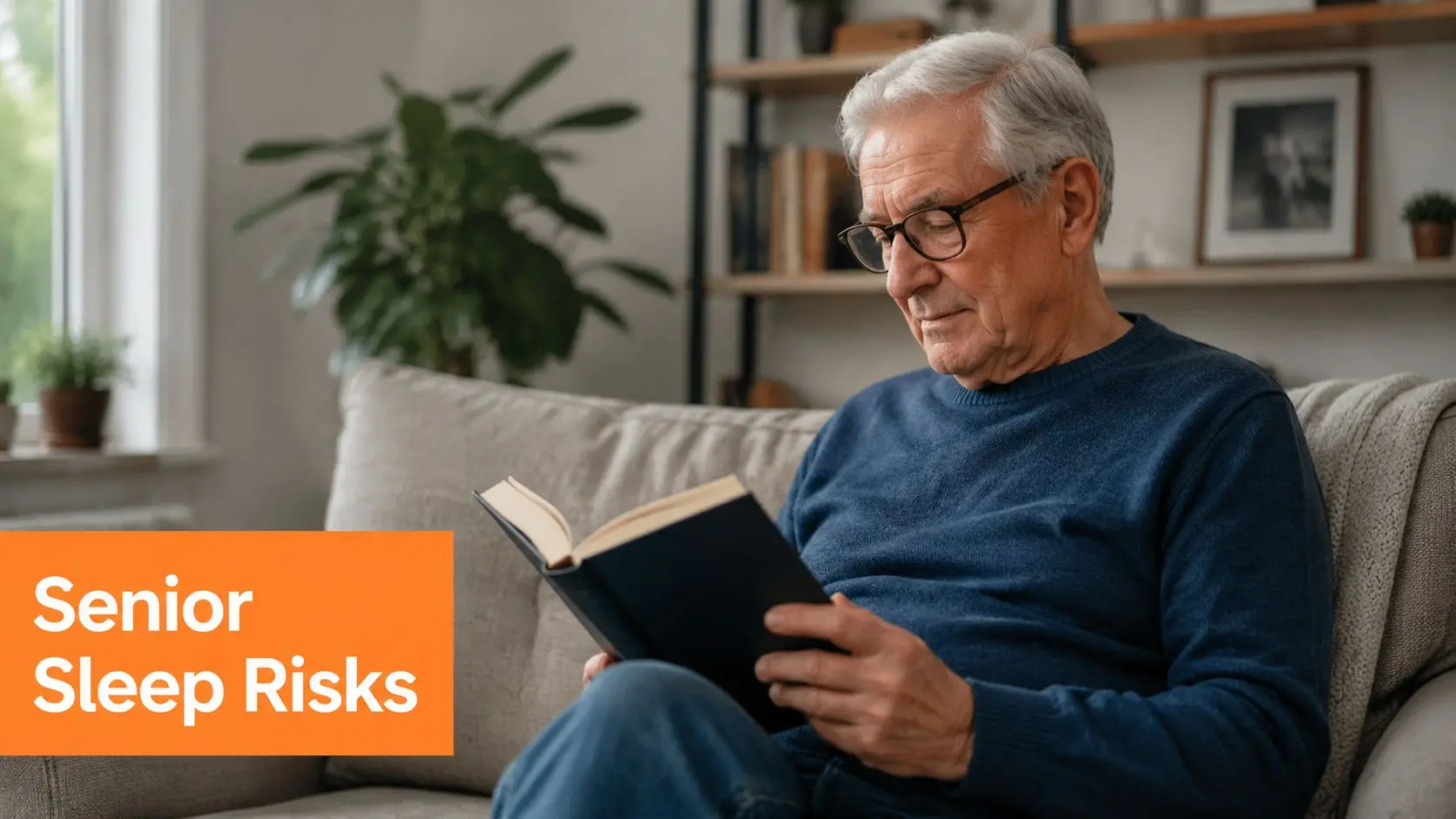 An older gentleman wearing glasses sits on a couch in a cozy living room reading a book.