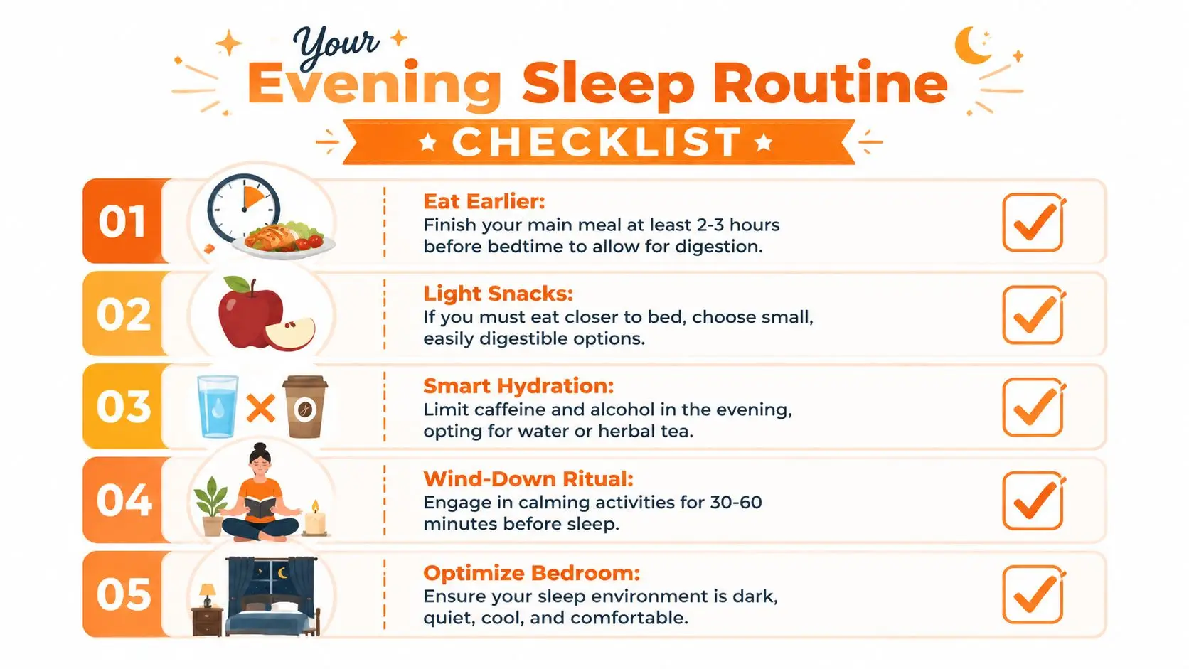 A colorful infographic illustrating five essential steps for an effective evening sleep routine checklist.
