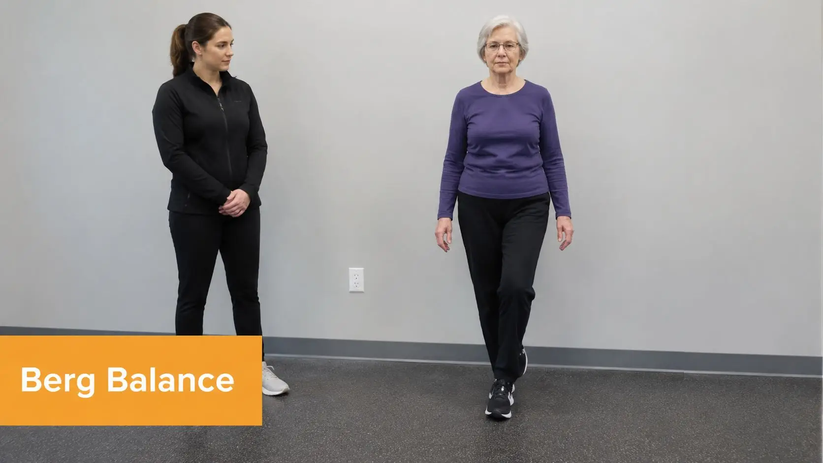 A healthcare professional observing an elderly woman performing a single leg stance during a balance evaluation.