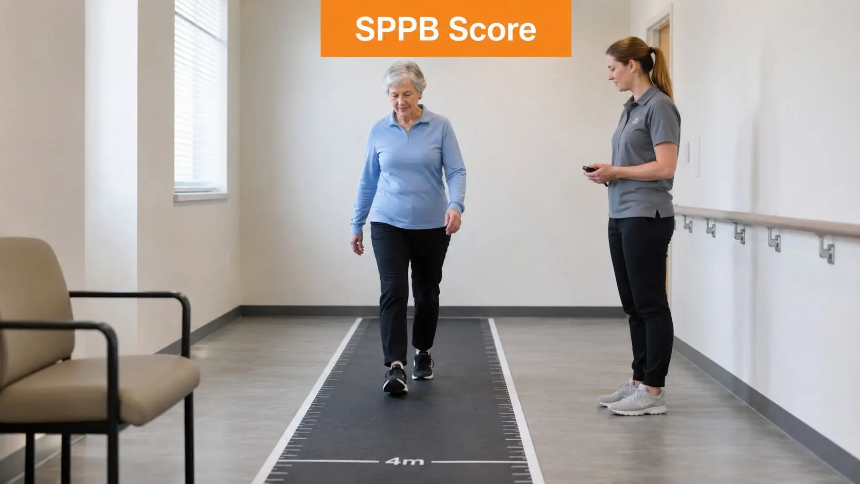 A physical therapist monitors an older woman as she walks across a 4-meter assessment path for mobility evaluation.