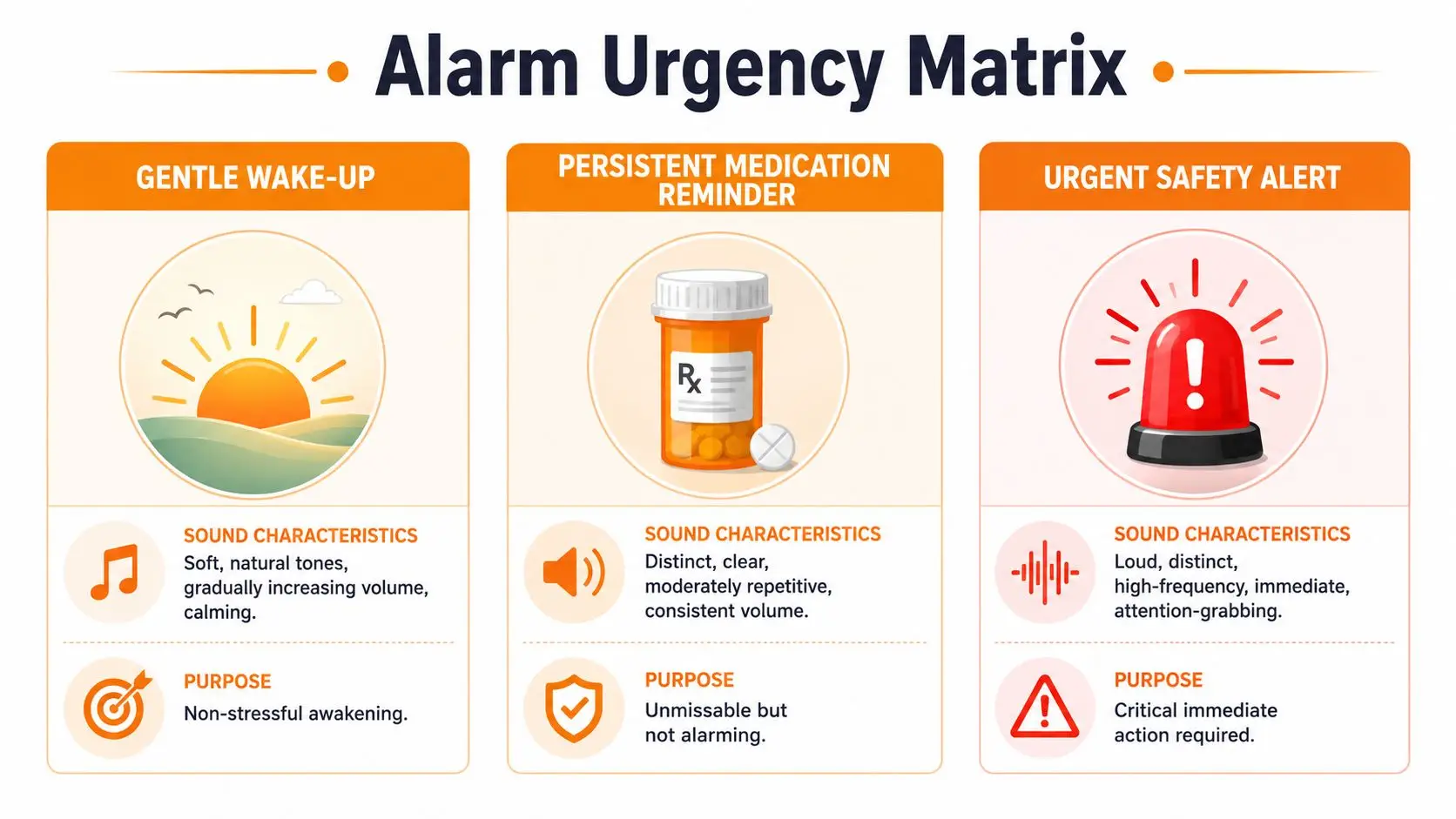 A chart titled Alarm Urgency Matrix comparing sound characteristics and purposes for wake-up calls, medication reminders, and safety alerts.