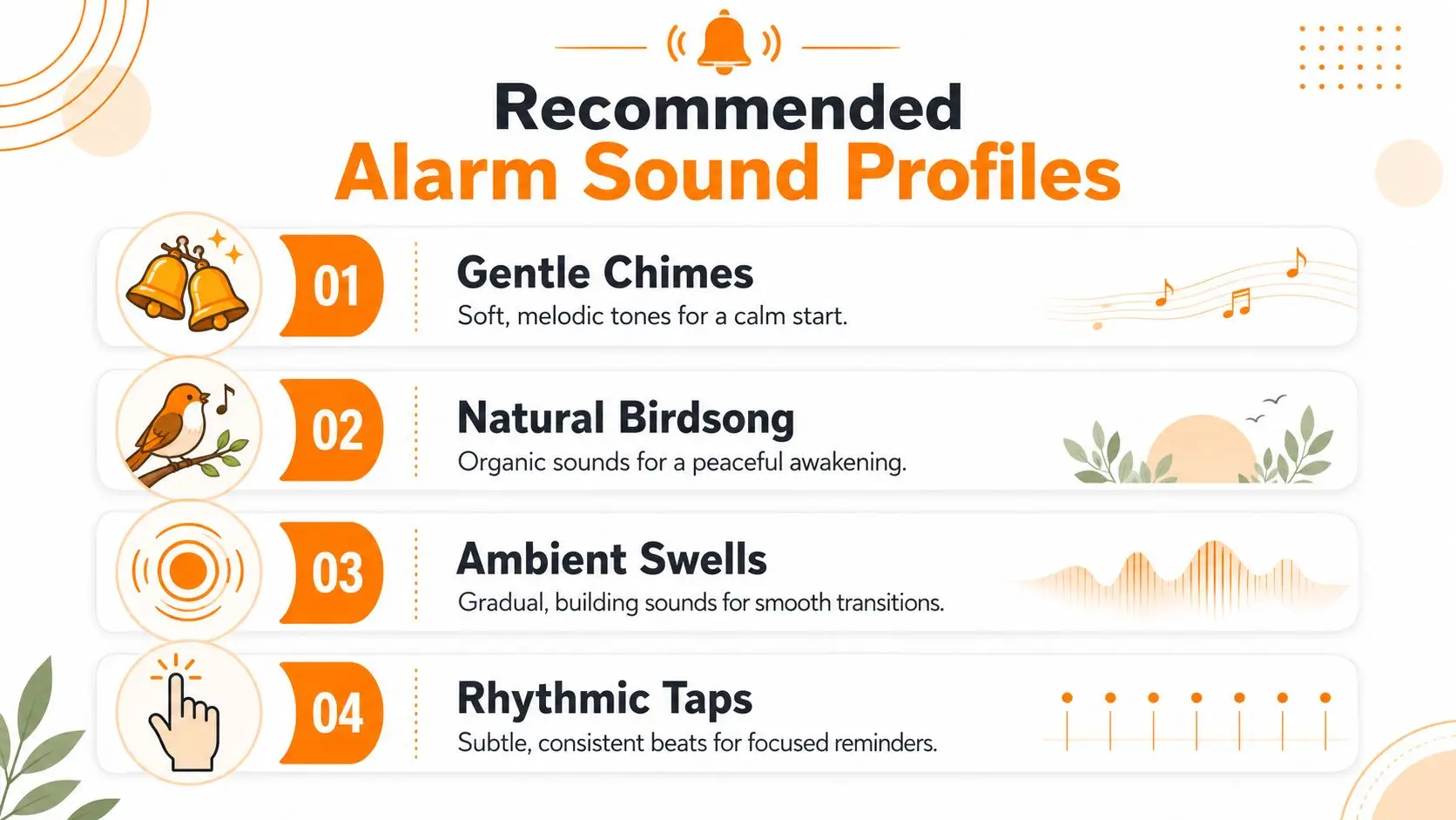 An infographic titled Recommended Alarm Sound Profiles, listing four options: Gentle Chimes, Natural Birdsong, Ambient Swells, and Rhythmic Taps.