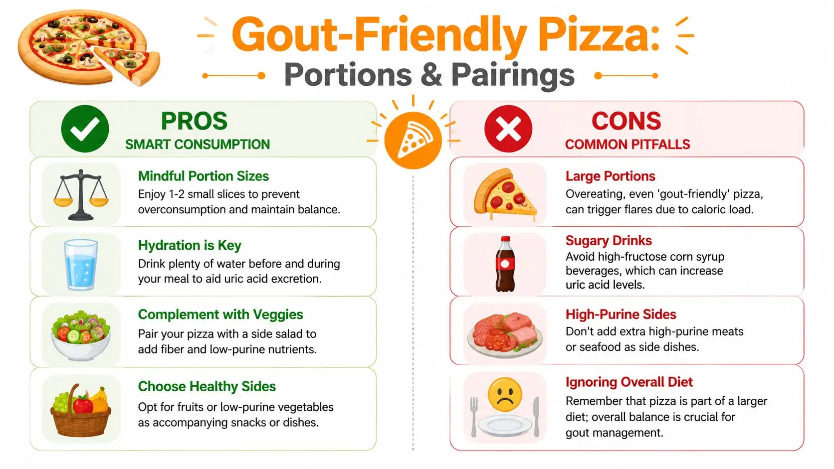 An infographic titled Gout-Friendly Pizza showing pros and cons regarding portion control, hydration, and healthy side dish pairings.