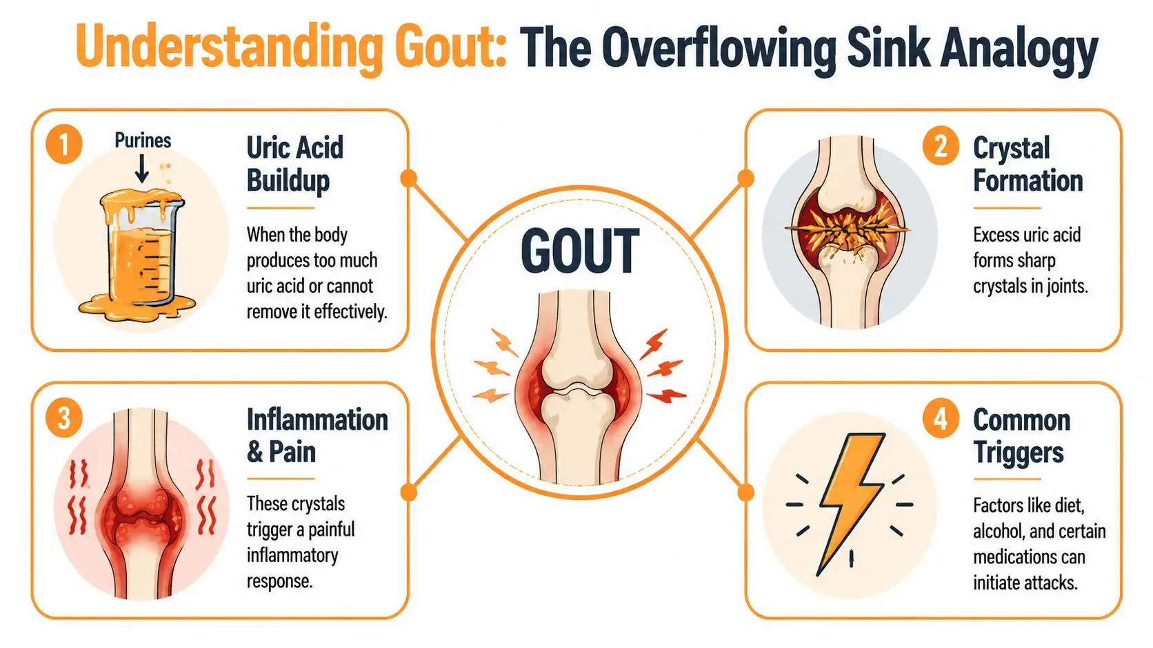 An infographic titled Understanding Gout illustrating the process of uric acid buildup, crystal formation, and inflammation.