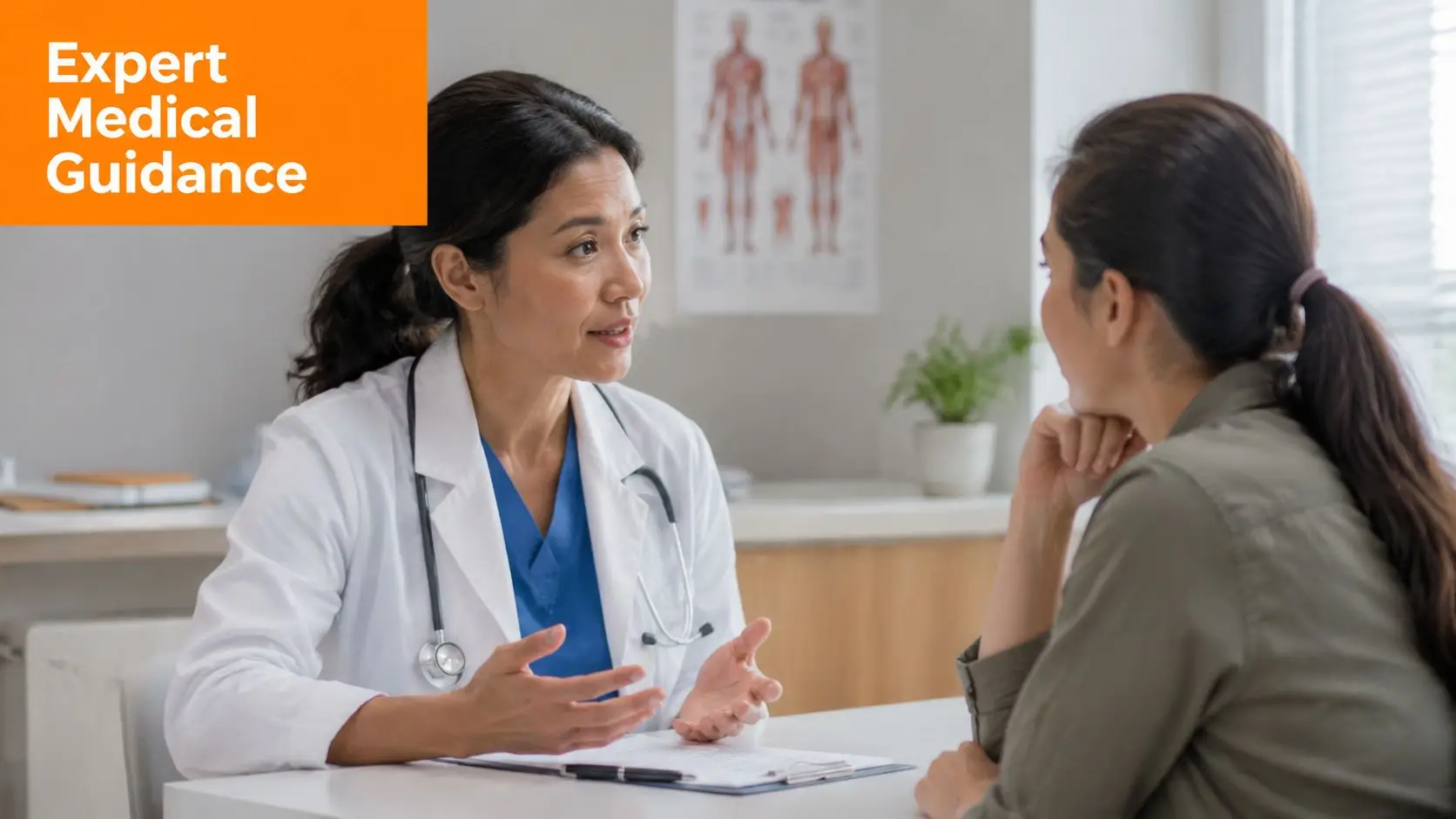 A female doctor with a stethoscope around her neck discussing health concerns with a female patient.