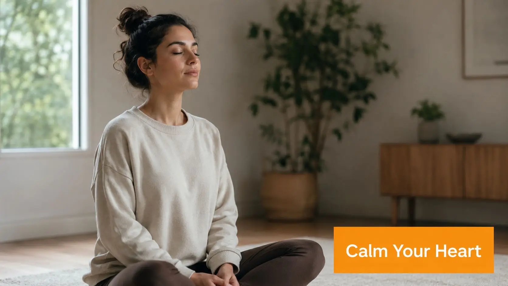 A young woman with her eyes closed in a calm, mindful meditation pose at home.