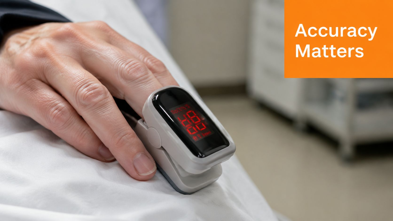A close-up of a person's hand wearing a finger pulse oximeter monitoring their blood oxygen levels.