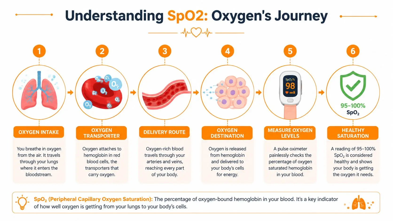 An educational infographic illustrating the journey of oxygen in the body and how pulse oximeters measure SpO2 levels.