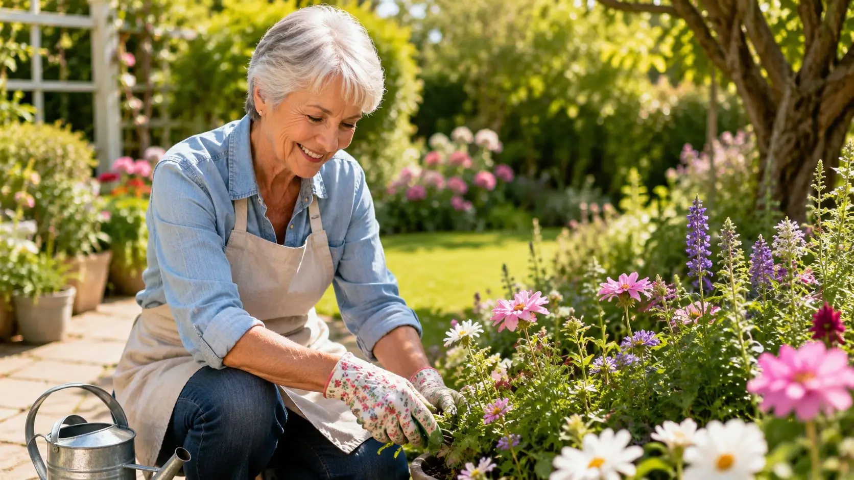 A happy senior woman wearing a gardening apron tends to colorful flowers in a sunny backyard garden.
