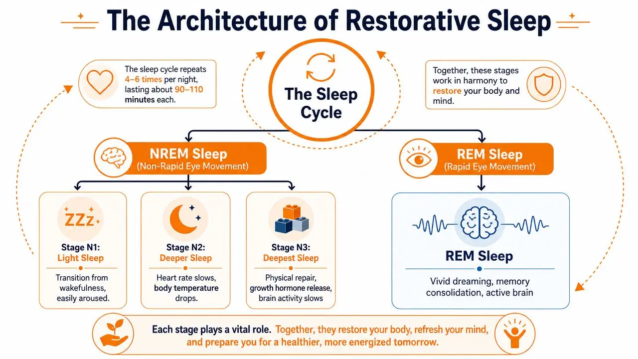 A detailed infographic explaining the architecture of a human sleep cycle, covering NREM and REM sleep stages.