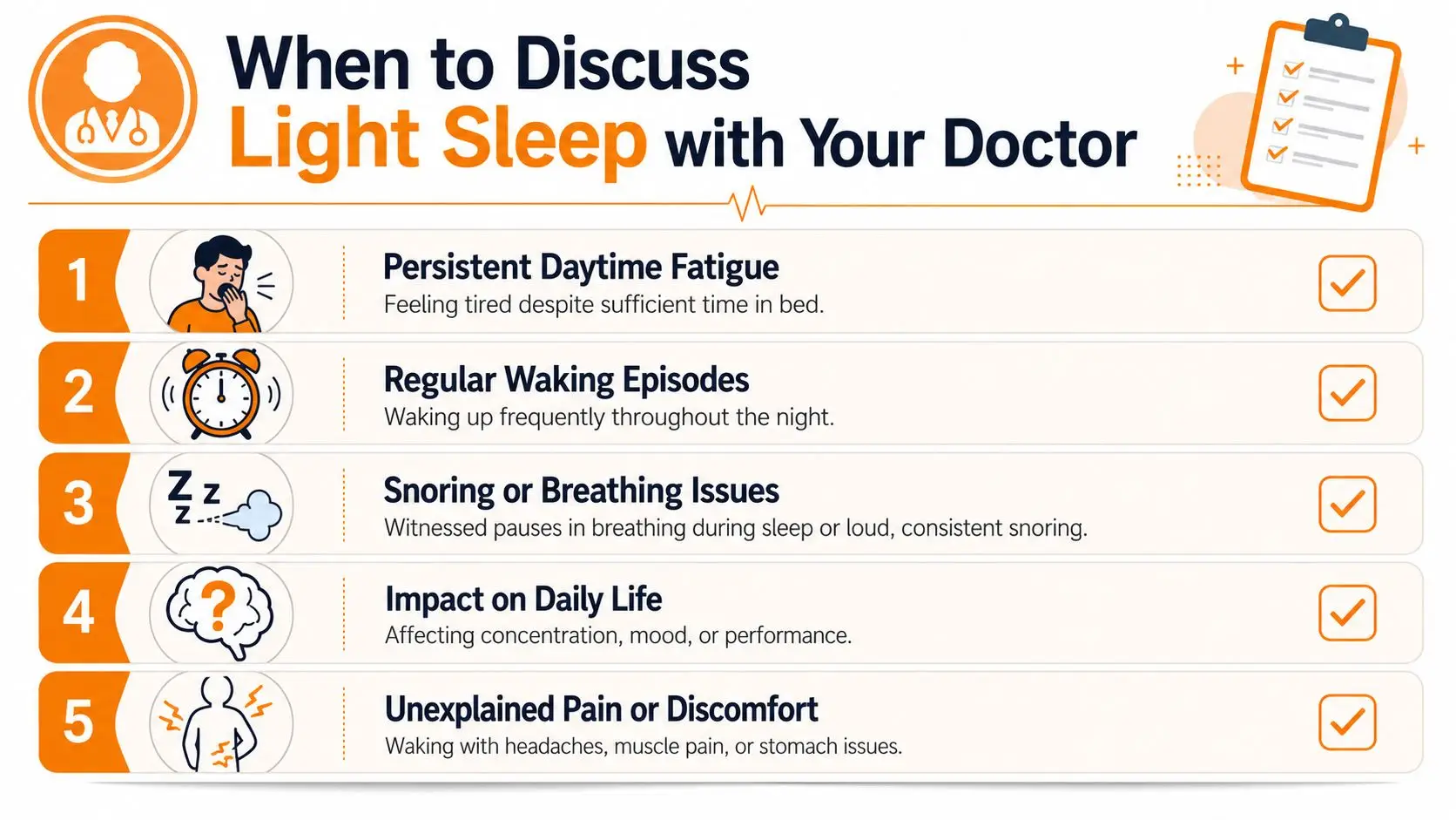 A list of five signs indicating when to discuss light sleep with a medical professional.