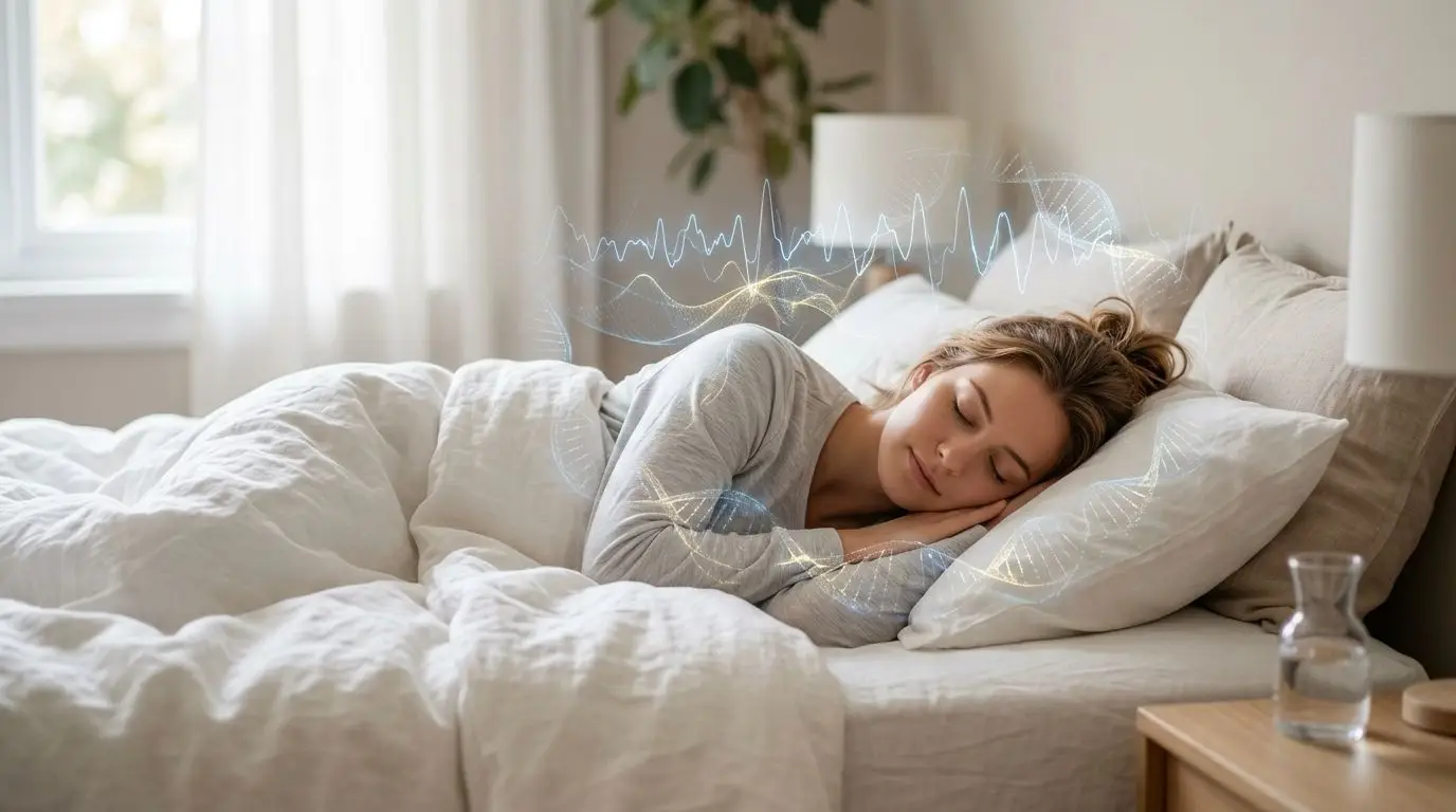 A young woman sleeping peacefully in bed with a digital overlay of biological data and DNA strands.