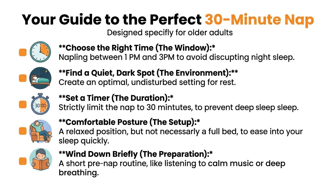 A guide for older adults on taking the perfect thirty-minute nap to improve rest and energy.