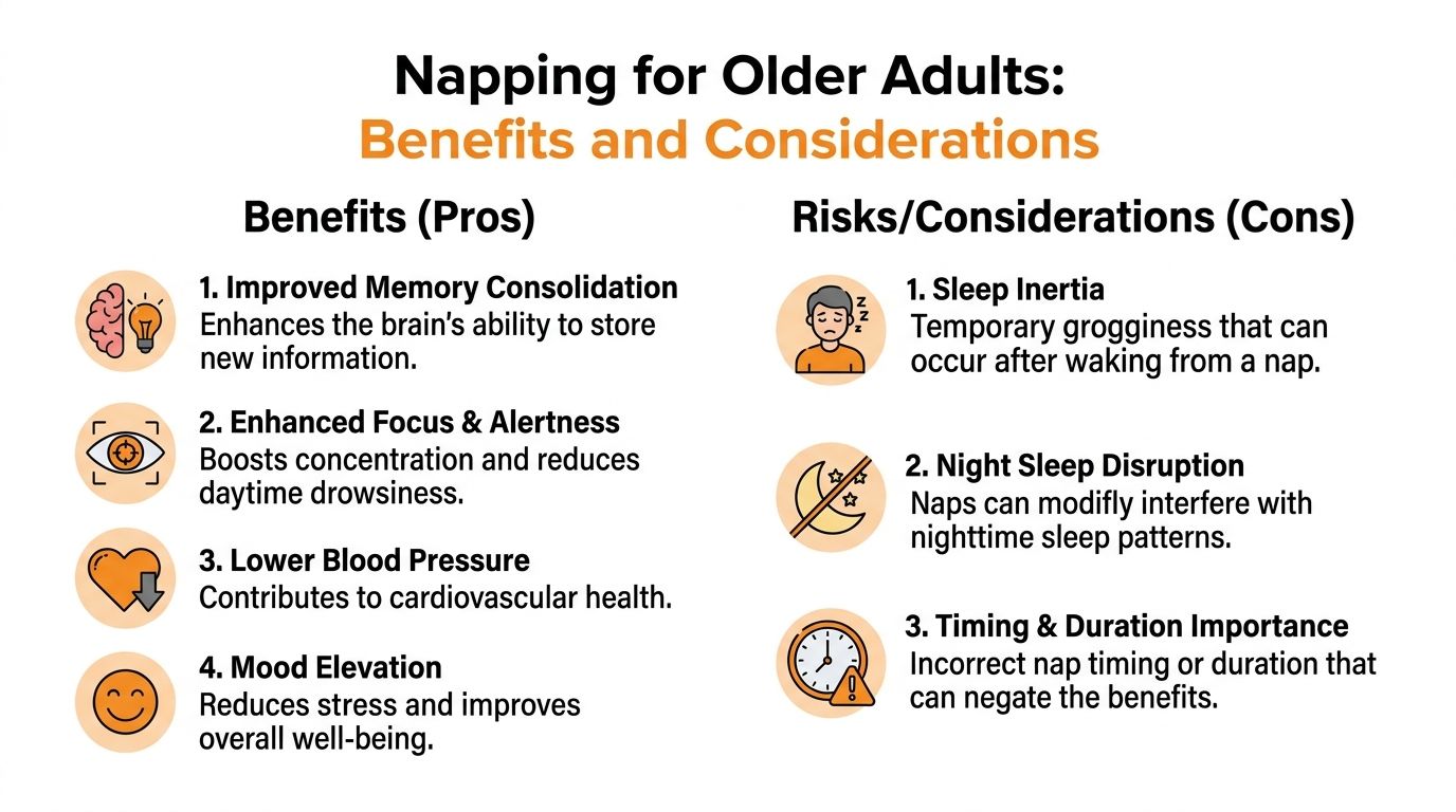 A graphic outlining the benefits and risks of napping for older adults with bulleted points.