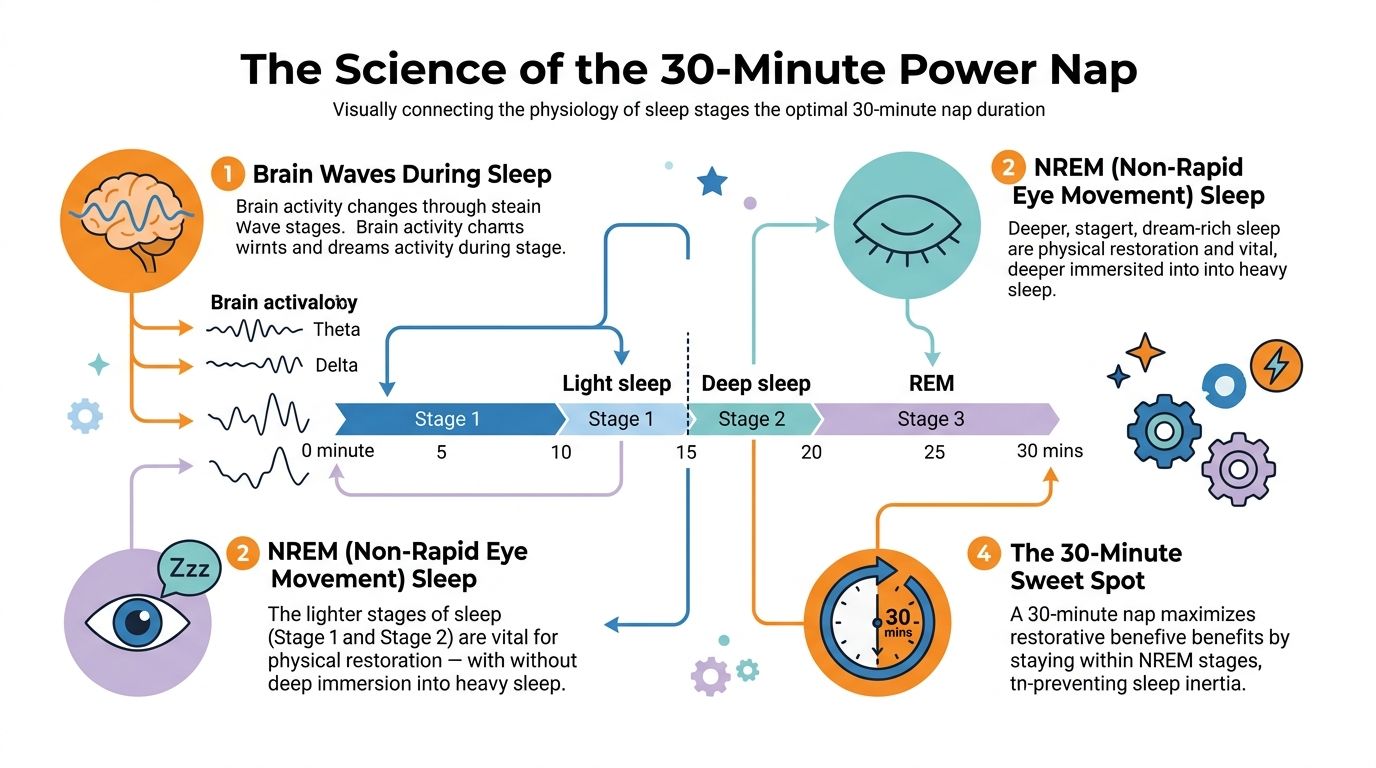 An infographic illustrating the science of power naps, showing sleep stages and the benefits of a thirty-minute nap.
