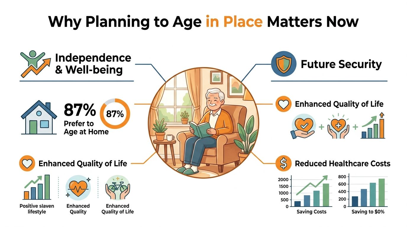 An infographic showing the benefits of aging in place, including independence, future security, and reduced healthcare costs.