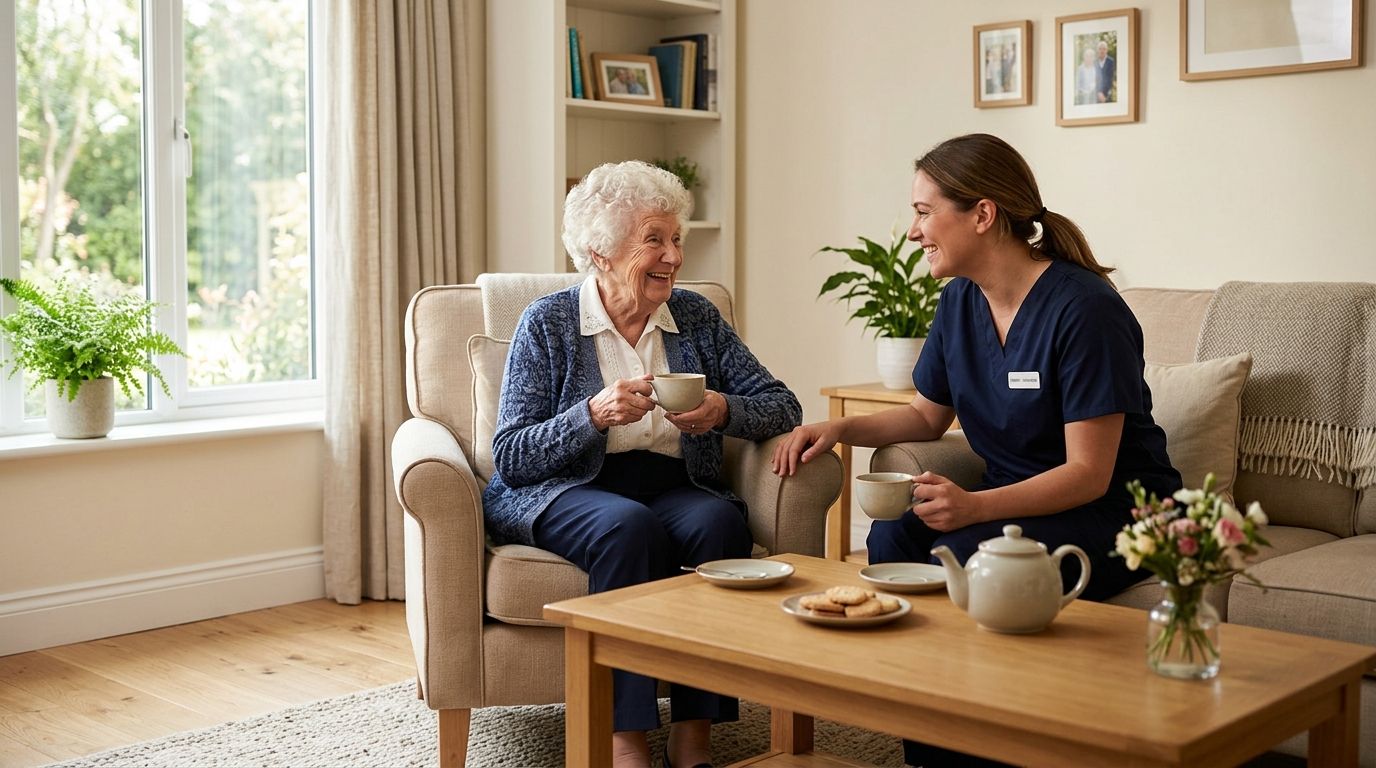 A friendly caregiver chats with an elderly woman holding a tea cup in a cozy, sunlit living room.