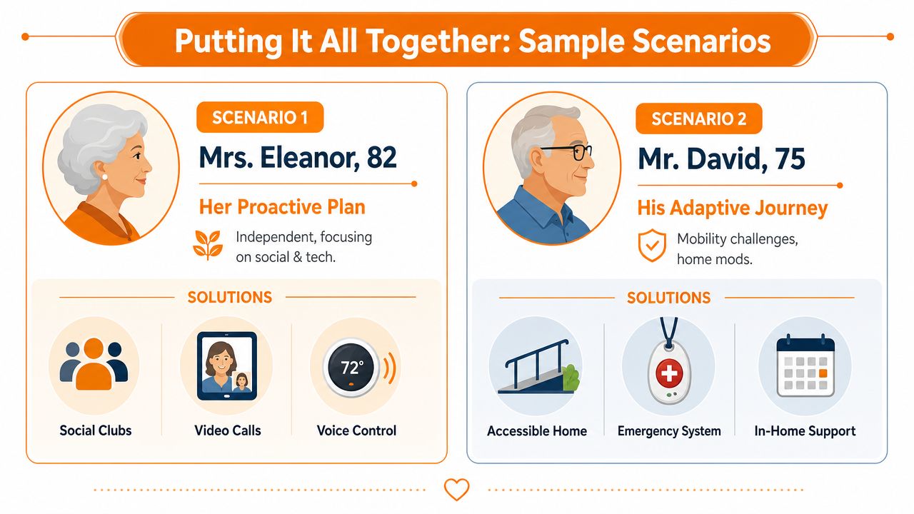 An infographic showing two aging in place scenarios for a woman named Eleanor and a man named David.