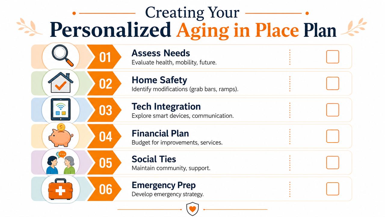 A six-step infographic guide for creating a personalized aging in place plan with icons and checklists.