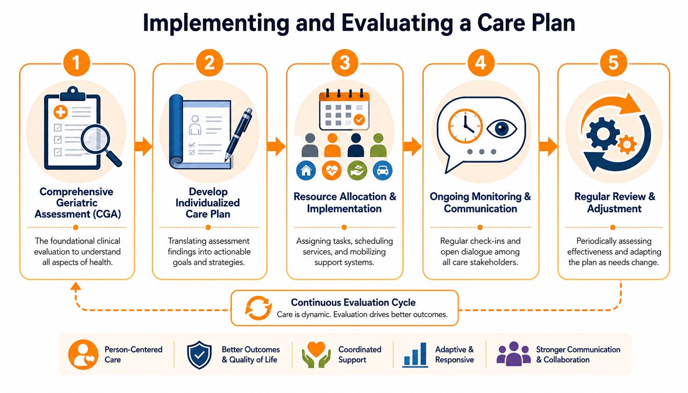 A five-step diagram illustrating the process of implementing and evaluating a care plan for elderly individuals.