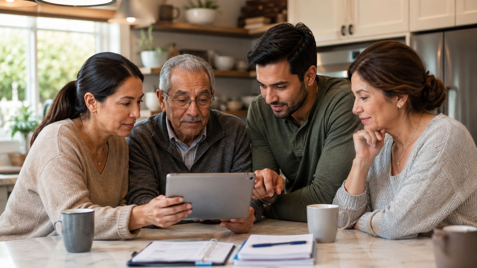 A multi-generational family sitting at a kitchen table reviewing documents on a digital tablet together.