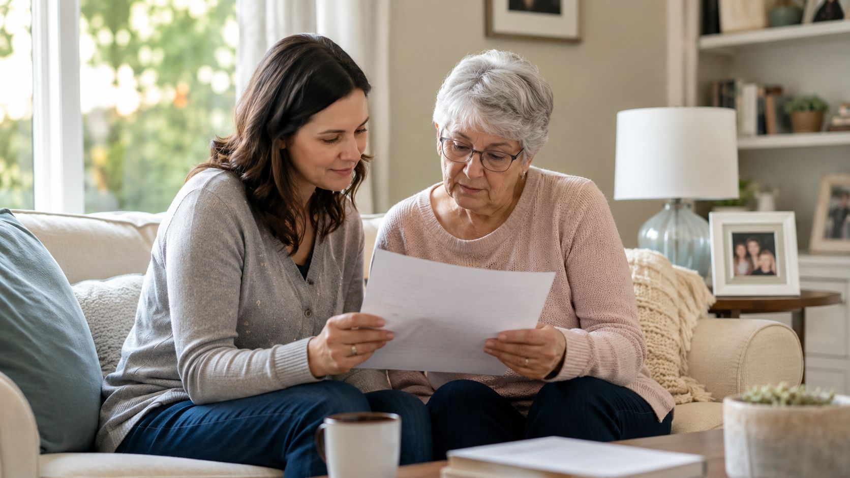 A woman helping her elderly mother review important documents together while sitting comfortably on a sofa at home.