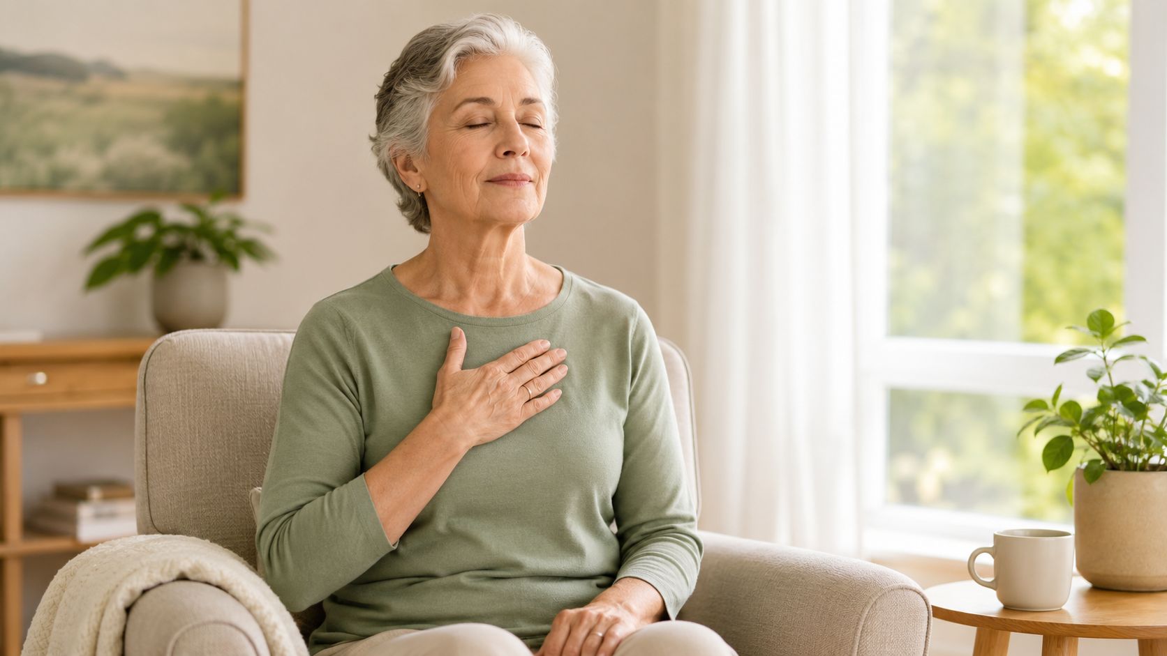 A serene older woman with grey hair practicing mindful breathing while sitting comfortably in a cozy armchair.