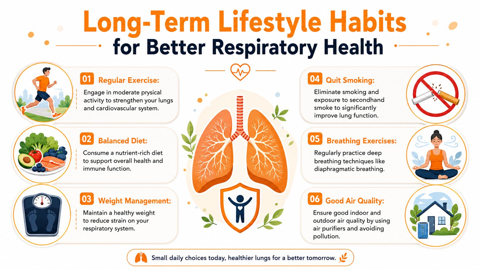 An infographic illustrating six healthy lifestyle habits to improve respiratory health and lung function effectively.