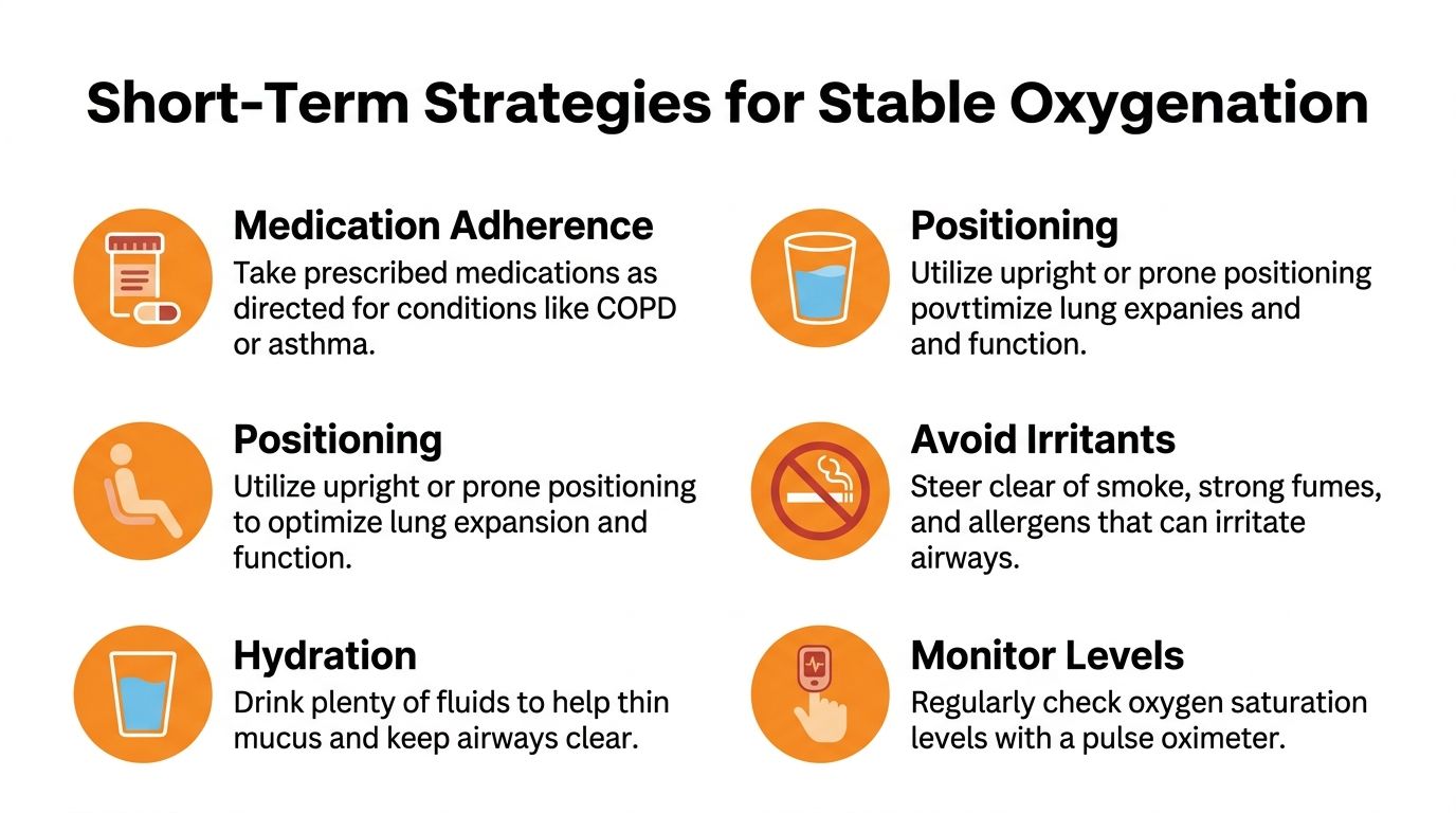 An infographic titled Short-Term Strategies for Stable Oxygenation listing six healthy habits for maintaining proper oxygen levels.
