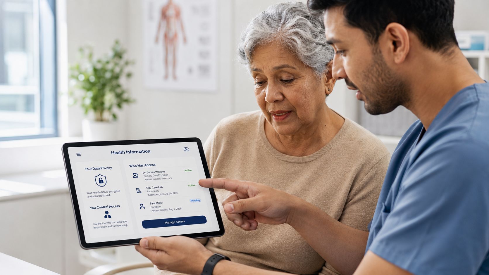 A male healthcare professional shows a senior woman how to manage her digital health record access on a tablet.