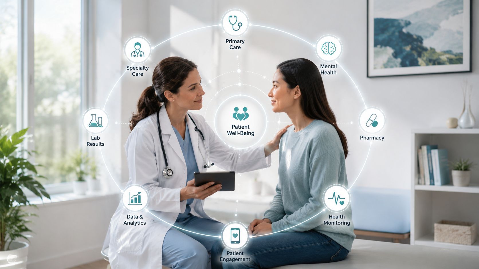 A female doctor with a tablet consults a patient in an office with a patient well-being diagram.