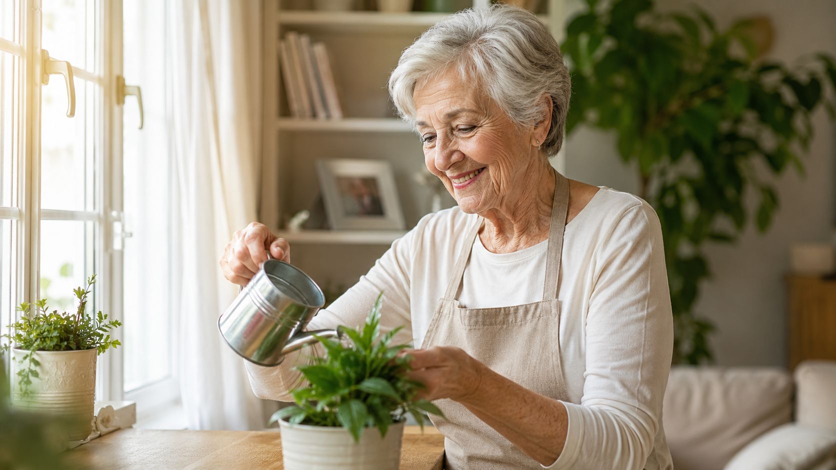 A happy senior woman wearing an apron watering a small green houseplant on a wooden table.