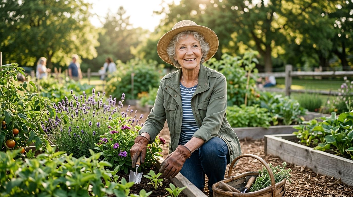 A smiling senior woman with curly gray hair wearing a straw hat gardening in raised beds.