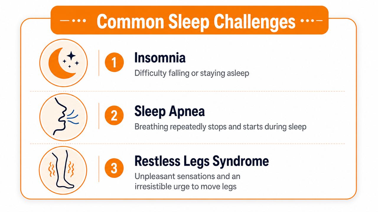 An infographic list outlining three common sleep challenges: Insomnia, Sleep Apnea, and Restless Legs Syndrome.