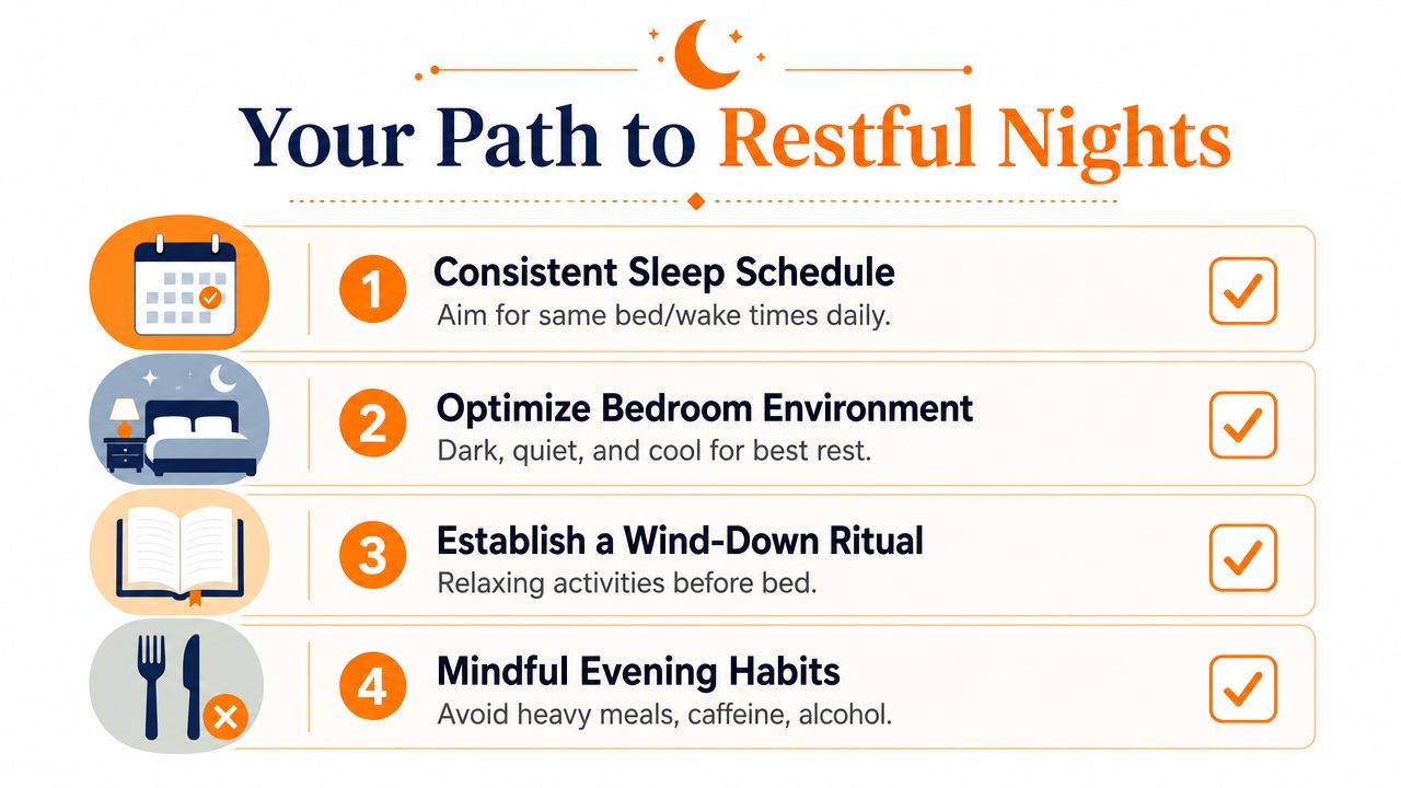 An infographic titled Your Path to Restful Nights offering four tips for improving sleep habits.