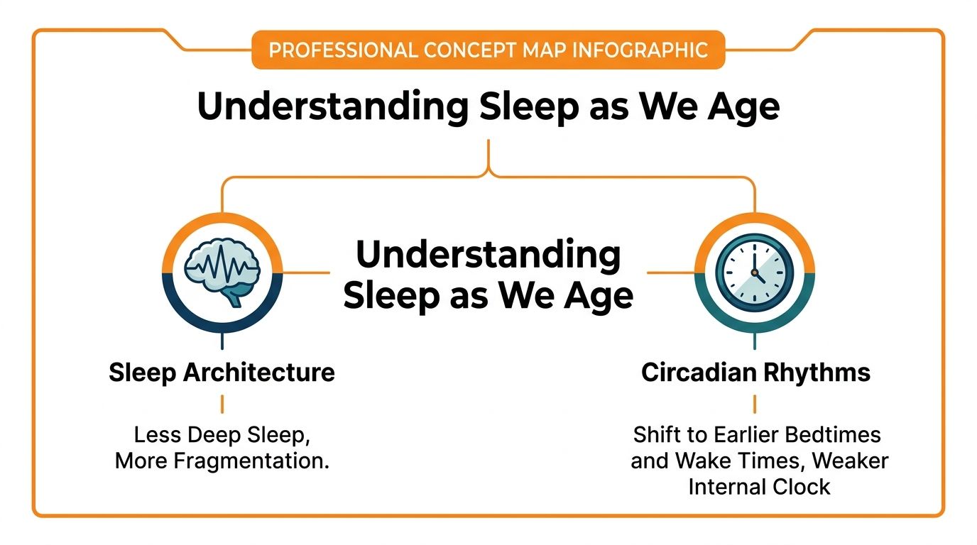 A professional infographic titled Understanding Sleep as We Age detailing changes in sleep architecture and circadian rhythms.