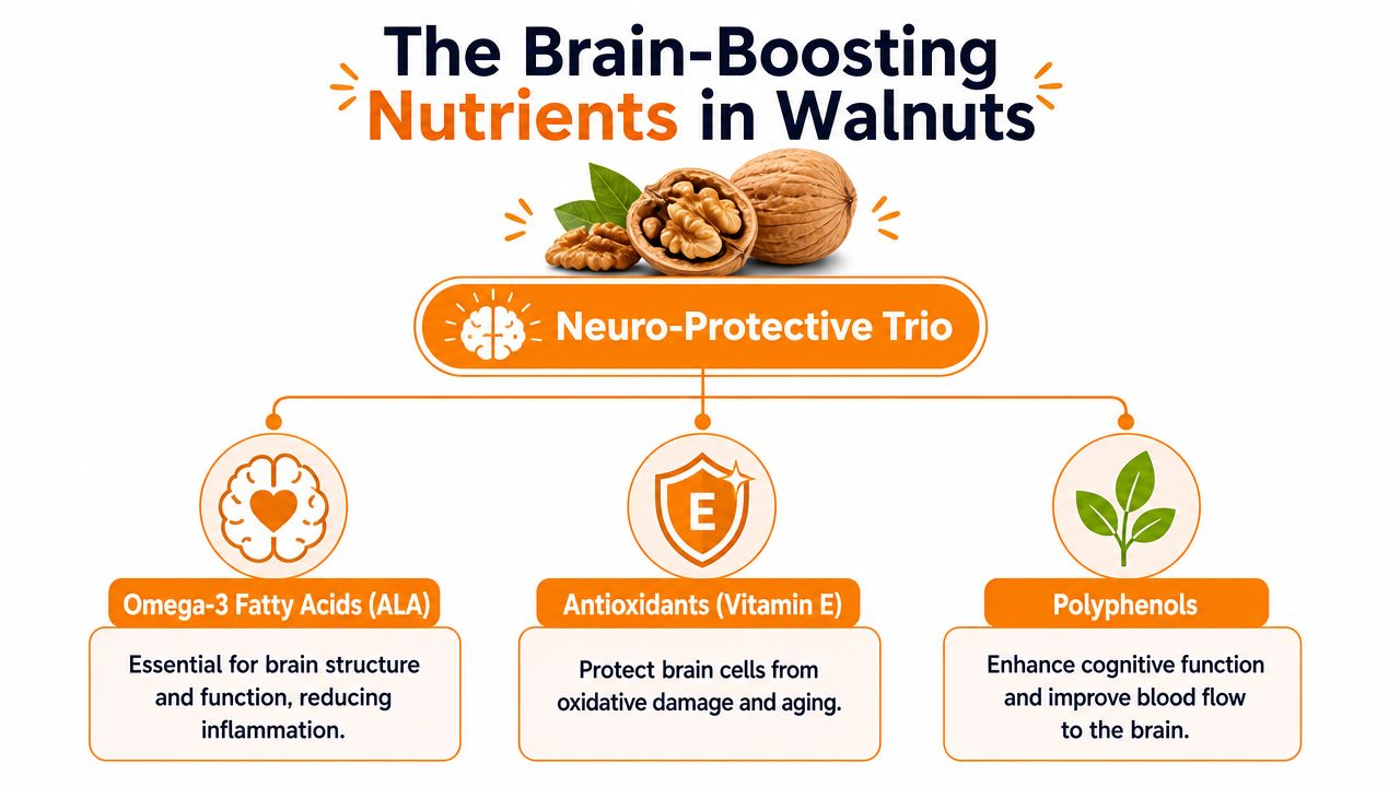An infographic showing the three main brain-boosting nutrients in walnuts: omega-3 fatty acids, antioxidants, and polyphenols.