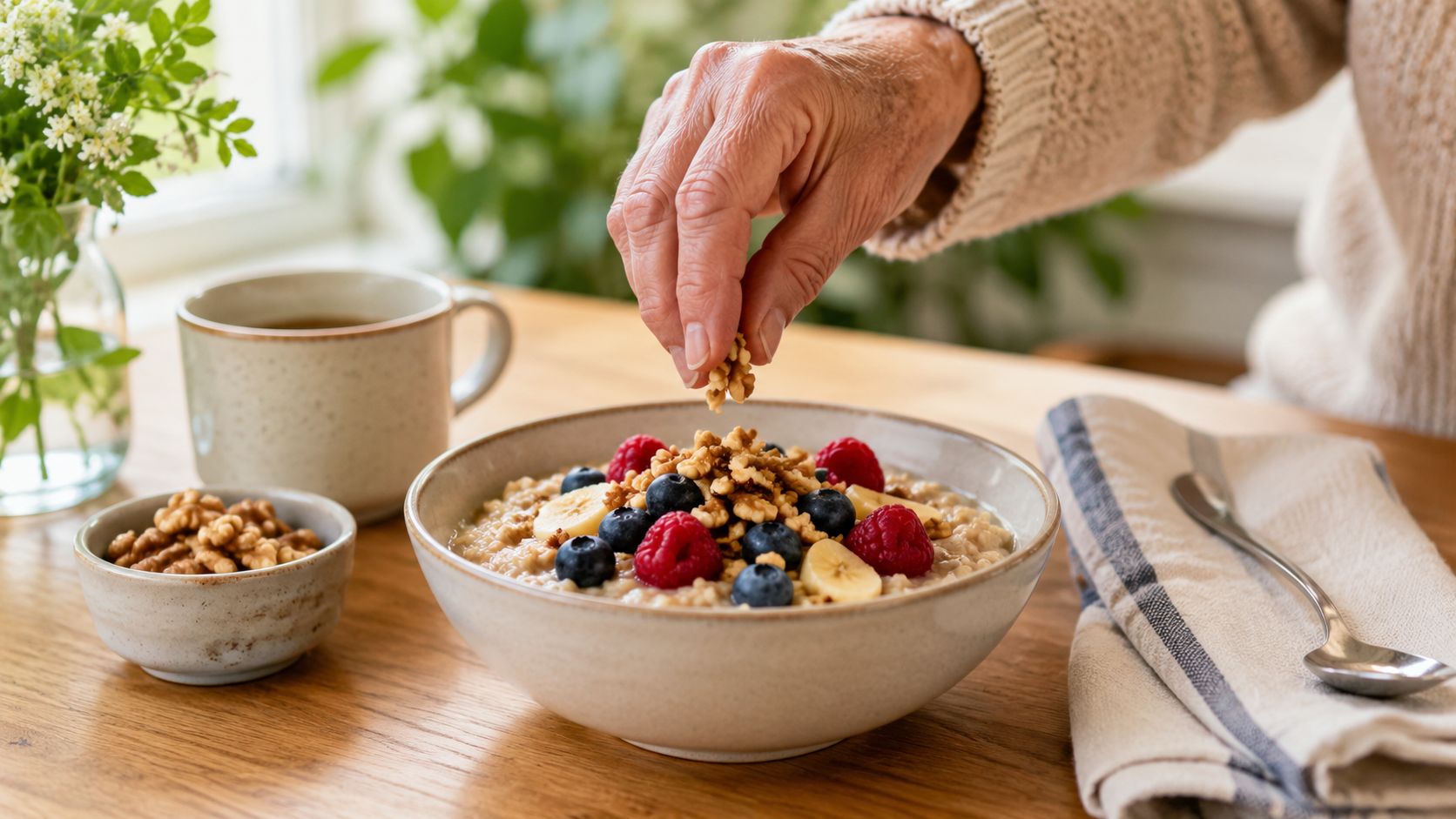 An elderly person adds walnuts to a bowl of oatmeal topped with fresh berries and banana slices.