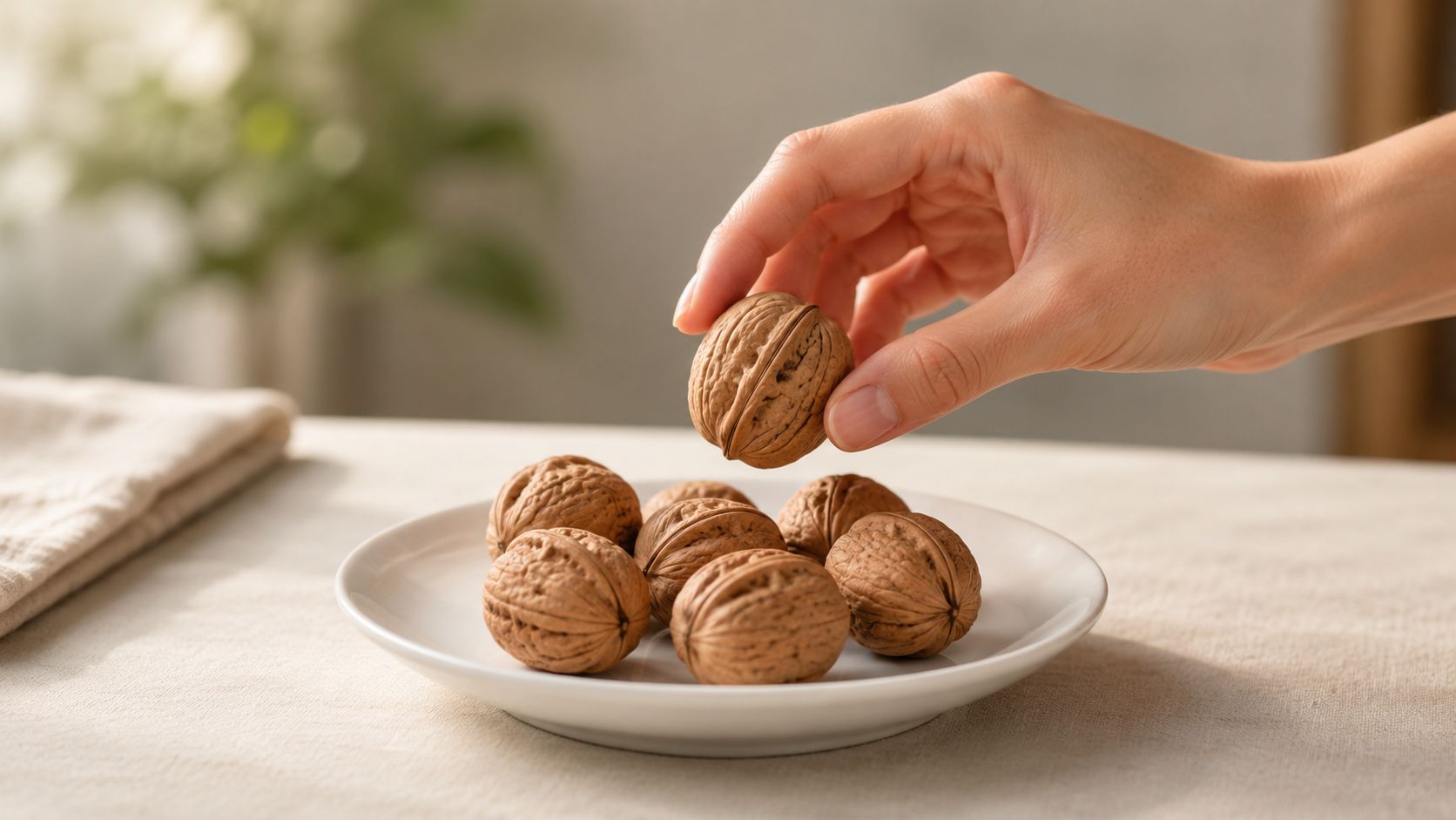 A hand holding a whole walnut above a white plate filled with walnuts on a table.