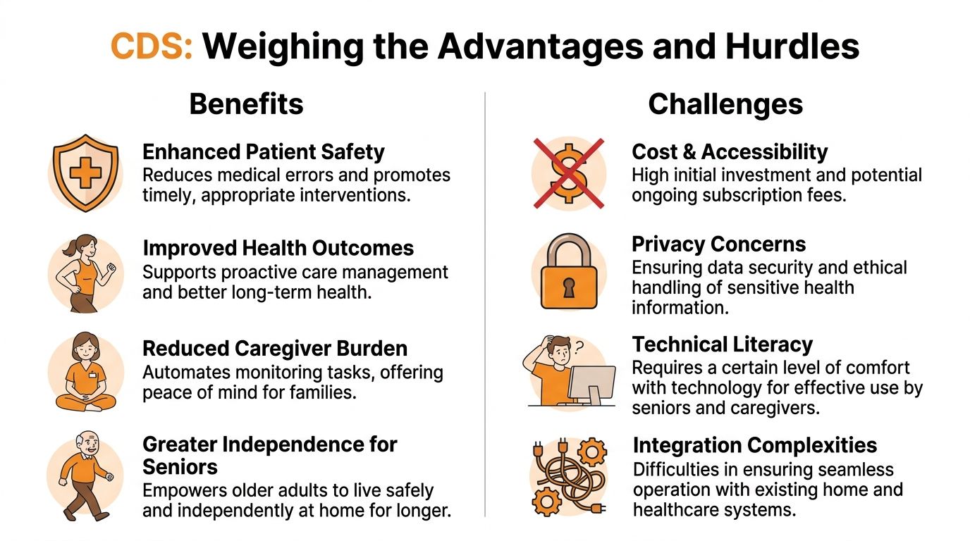 A comparison chart outlining the advantages and challenges of Clinical Decision Support systems for seniors and caregivers.