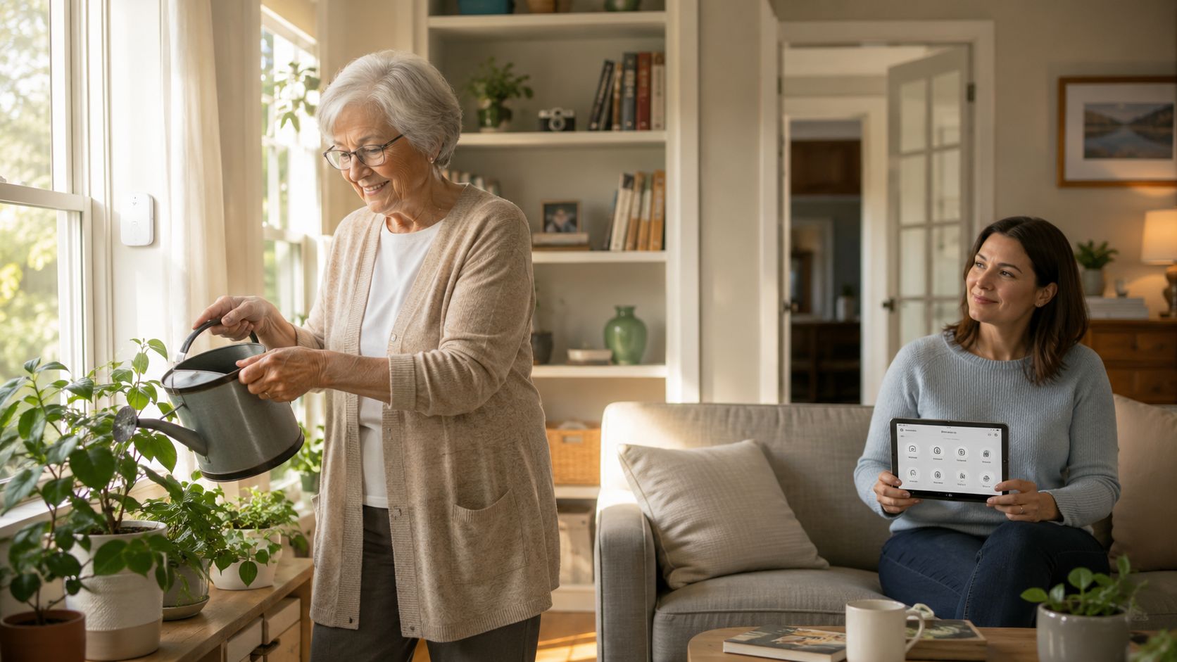 A woman helping an elderly person use a tablet for home monitoring in a living room.