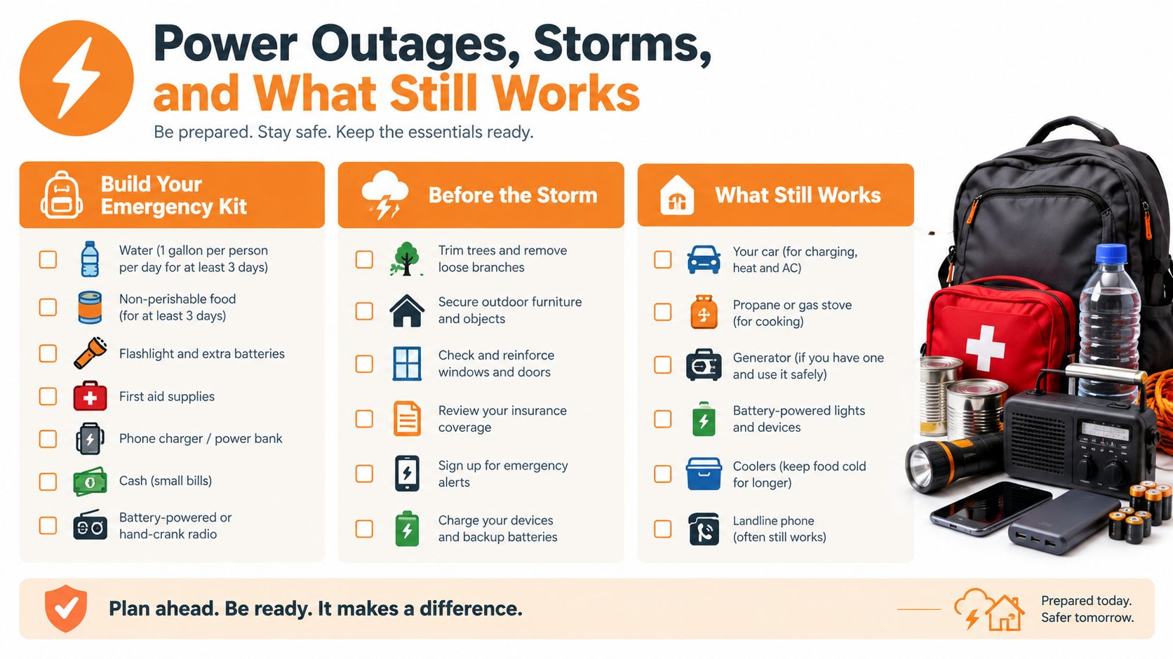 An infographic titled Power Outages, Storms, and What Still Works, offering emergency preparedness tips and checklists.
