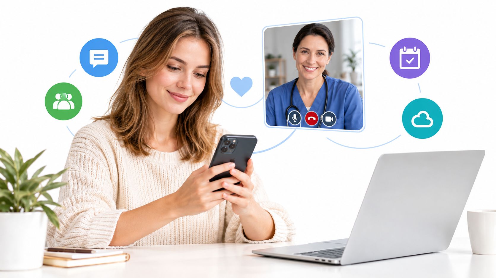 A woman using her smartphone to have a video consultation with a medical professional online.