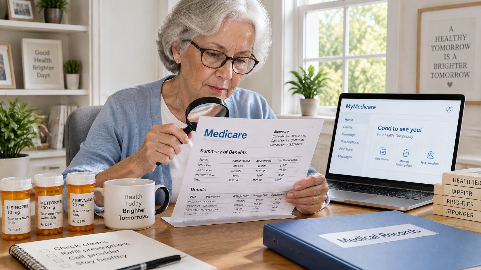 An elderly woman wearing glasses examines medical billing documents with a magnifying glass at her desk.