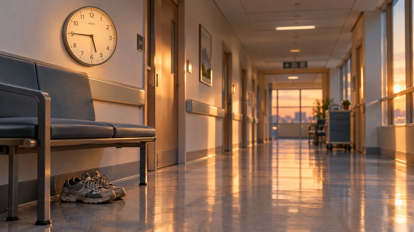 A quiet hospital corridor at sunset with a clock on the wall and empty chairs.